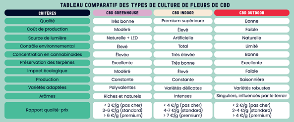 Tableau comparatif des différents types de culture de fleurs de CBD, présentant des critères tels que la qualité, le coût de production, le contrôle environnemental, la concentration en cannabinoïdes, l'impact écologique et les fourchettes de prix pour le CBD Greenhouse, le CBD Indoor et le CBD Outdoor.